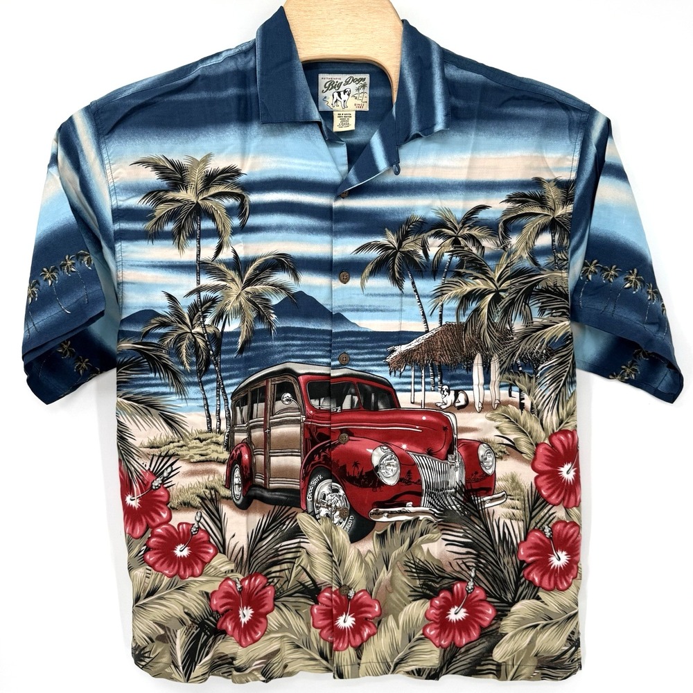 Big Dogs Men's Short Sleeve Hawaiian Button‎ Up Woody Surfing Large Beach Rayon